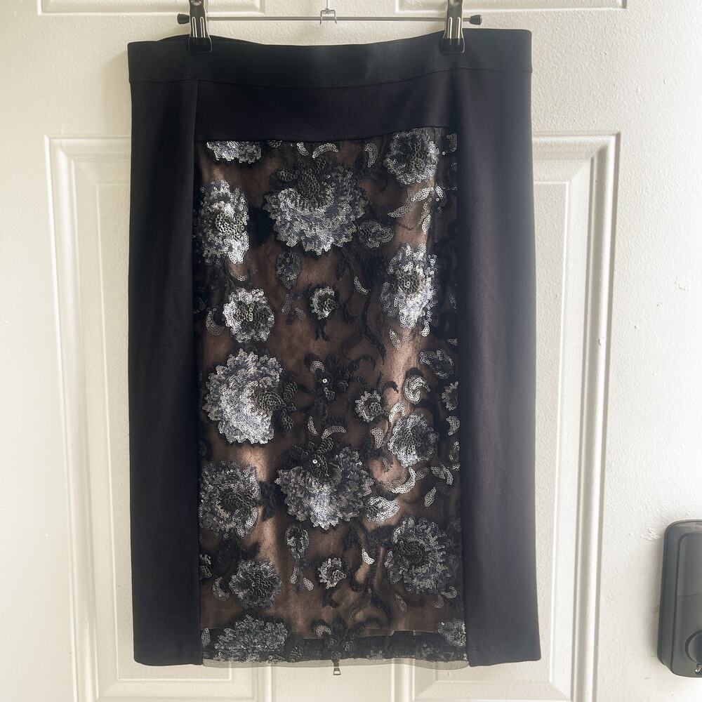 BCBGMAXAZRIA Black Sequin Floral Lace Pencil Skirt Size M Sheer Two Way Zip